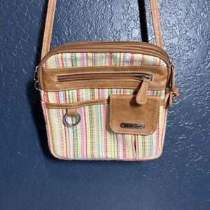 Multi Color Stripe Faux Leather Crossbody Bag Organizer Pockets Tan Brown